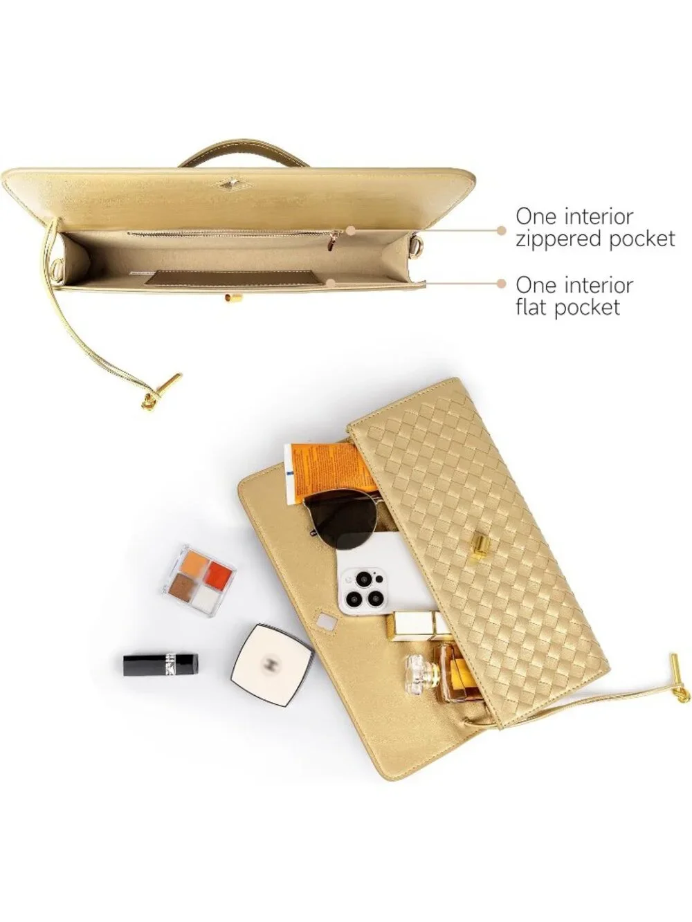Women Gold Woven Vegan Leather Clutch Purse Formal Evening Crossbody Bag